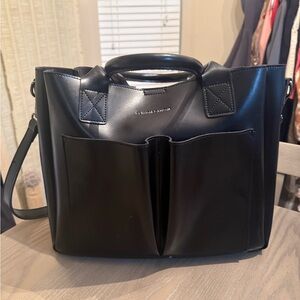 Black Leather Tote with Front Pockets